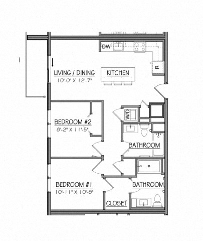 Floor plan for 2 beds, 2 baths, 832 sqft